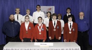2017 Web Design Competition Champions Front row from L to R: National technical committee member Jonathan Worent; High School Medalists—Silver- (not pictured) River Fisher and Mason Tolzmann, Polk County High School (Tenn.); Gold Medalists-Alexander Cardosi and Ryan Witham, Center for Technology (Vt.); Bronze Medalists-Adam Powell and Ethan Francis-Wright, Minuteman RHS (Mass.); Back Row L to R: College/Postsecondary Medalists—Silver-Jackson Kerbs and Mikaela Smaith, Salt Lake Community College (Utah); Matthew Vreman and Belinda Velez, Manatee Technical College (Fla.); Bronze-Brandi Torres and Brandon LaDuke, Sullivan College of Technology and Design (Ky.); and, national technical committee chair Mark DuBois.