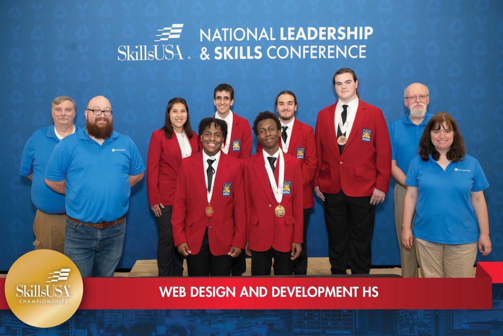 Front row from L to R: National technical committee members Steve Waddell and Jonathan Worent, High School Medalists—Gold- Jean Paul Metoyer and Carl Omondi, Carl Wunsche Sr. High School (Texas); Back row (L to r): Silver medalists-Daniel Cardone and Natalia Vasquez, Blackstone Valley RVTHS (Mass.) and Bronze Medalists-Steven Shoen and Rhys Jordan, Meridian Technical Charter High School (Idaho); and national technical committee members Mark DuBois and Ruth Towns.