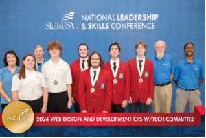 2024 College post secondary champions. Left to right: Technical committee members Tammy Finch and Steve Waddell (in back). Silver medal team: Sam Tooley and Caeden Scott of Southern Adventist University, Tenn.; Gold medal team: Chloe Gertner and Zachery Smith of Ozarks Technical Community College, Mo,; and Bronze medal team: Kenli Shaw, and Yan Blaire Dologuin of Northwest Kansas Technical College, Kan. Technical committee members Mark DuBois and Na’im Salahuddin.